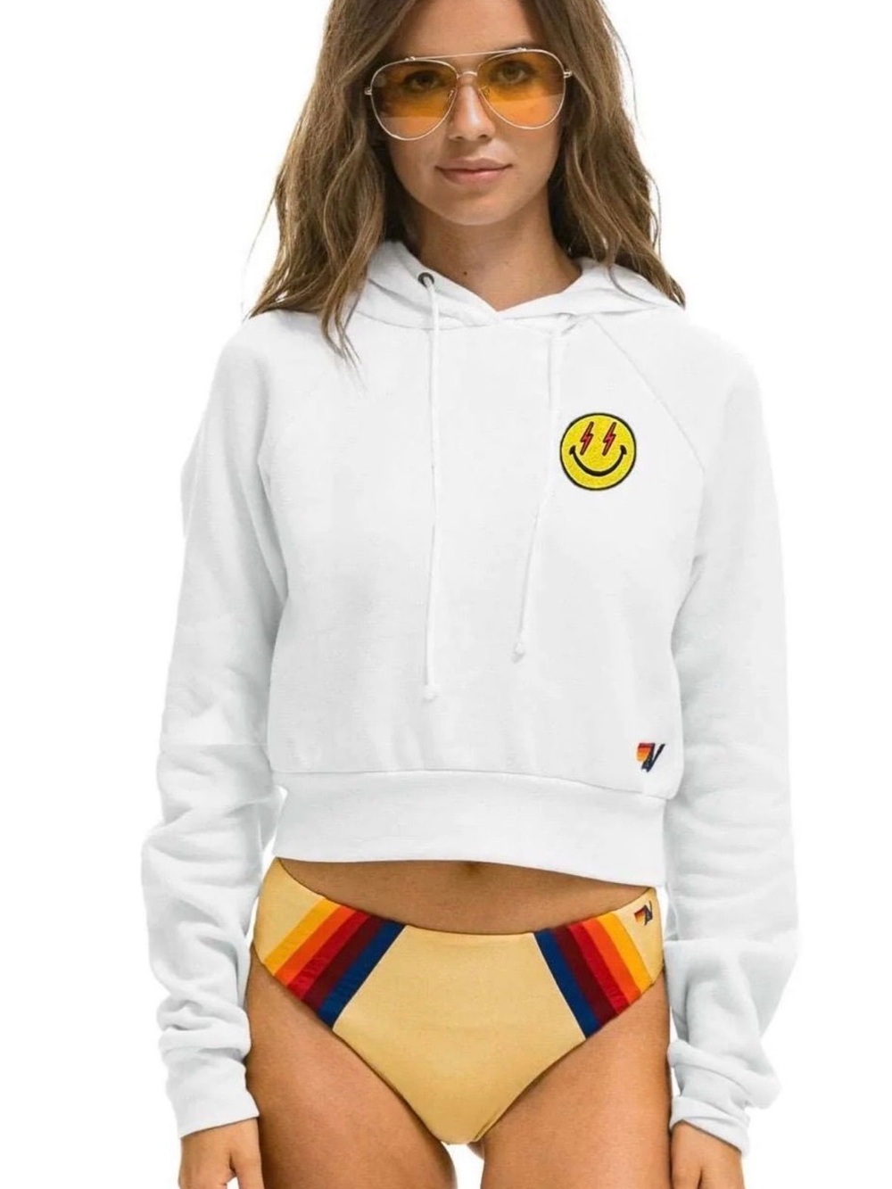 Aviator Nation White Women's Cropped Hoodie with Smiley Patch